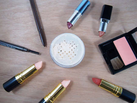 Powder with makeup cosmetics, modern fashion of beauty on woman faceの写真素材