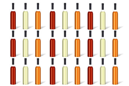 Wine bottles in red, white and rose lined upの写真素材