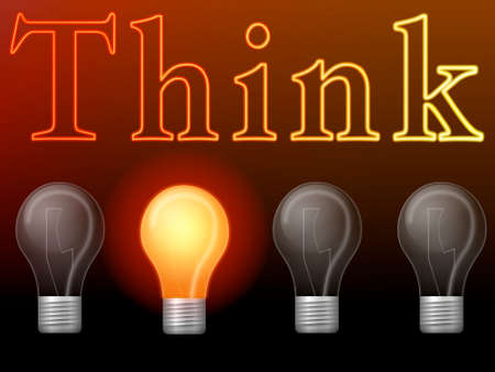 Four light bulbs with one switched on as a concept for thinking leads to the one idea you needの写真素材