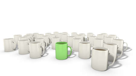 Concept for diversity, not my cup of tea, one of a kind, one green mug among a lot of white mugs.の写真素材
