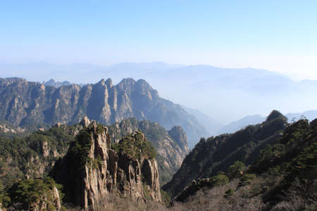Huangshan mountain landscape with blue sky in Chinaの写真素材