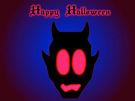 Happy halloween card with devil and his fierce glowing red eyesの写真素材