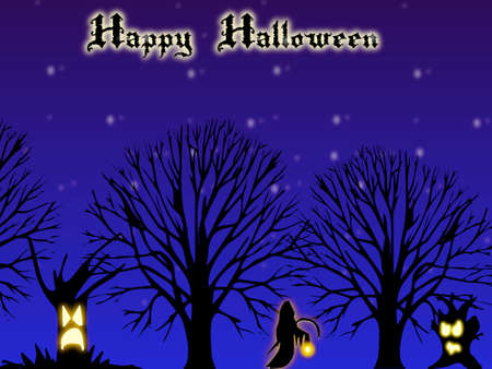 Happy halloween card with dark forrest and creaturesの写真素材