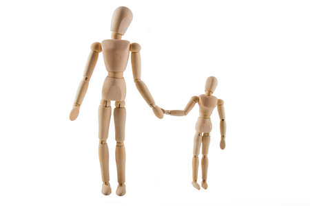 Mother with child puppet holding hands on white backgroundの写真素材