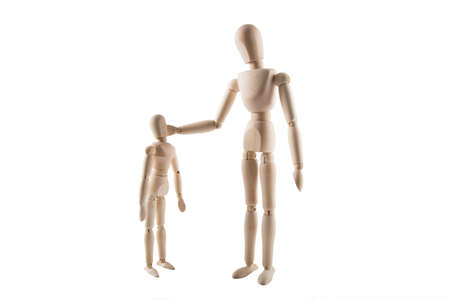 Father touching child puppet on white backgroundの写真素材