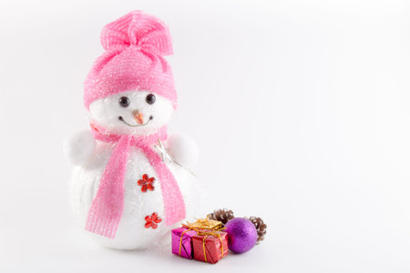 Snowman with presents on white backgroundの写真素材
