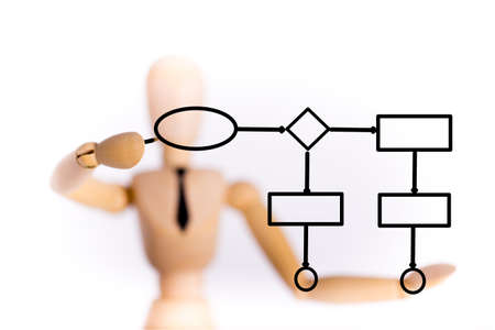 Wooden puppet drawing concept diagram on white backgroundの写真素材
