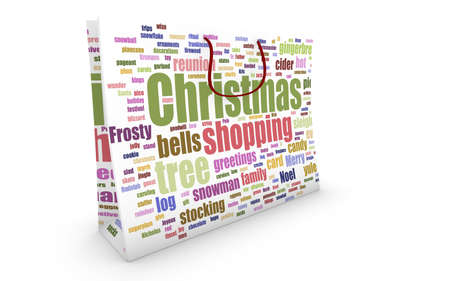 Bag with christmas shopping word-cloud texture on white backgroundの写真素材