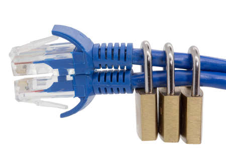 Three factor authentication concept on white background with locks network cableの写真素材