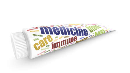 Medical tube with medical word cloud texture on white backgroundの写真素材