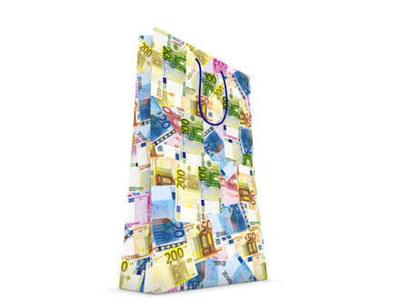 big shopping bag with euro texture on white backgroundの写真素材