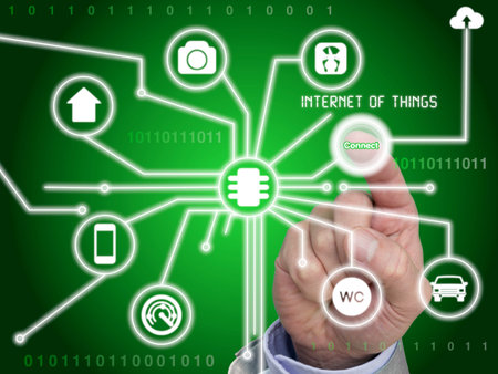 Finger presses button to connect to the internet of things