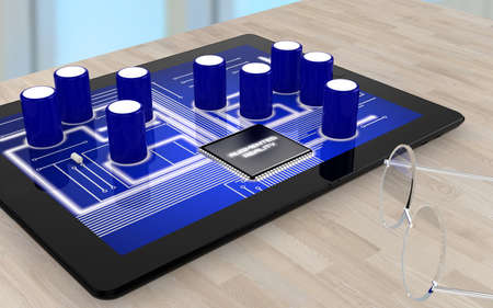 Augmented reality pad on table with circuit board and glassesの写真素材