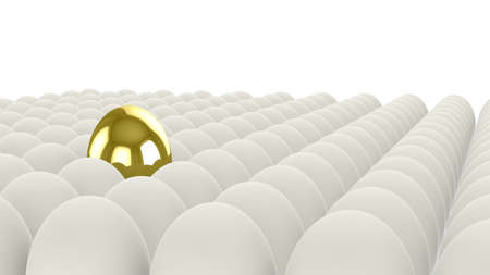 One golden among many white eggs as concept for individualityの写真素材