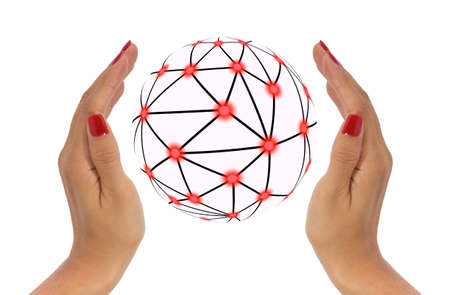 Protect network concept with two hands enclosing a digital ballの写真素材