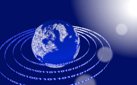 World map with glowing white data centers on blue with sun flareの写真素材