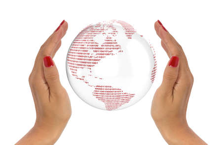 Protect data concept with two hands enclosing a digital globeの写真素材