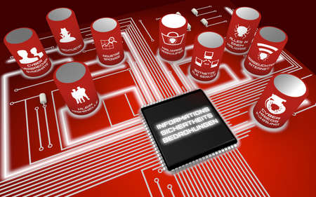 Nine most severe future Information security threats circuit board concept render in germanの写真素材