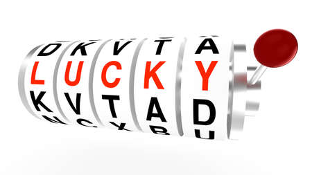 Slot machine wheels with the word lucky in red renderの写真素材