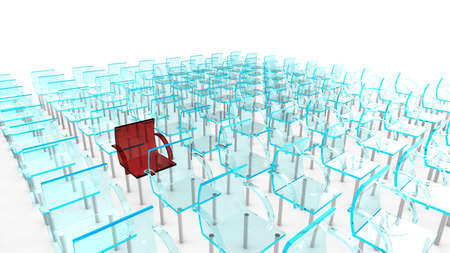 One red of many blue chairs as concept for individualityの写真素材