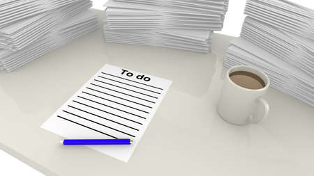 Desk with a piles of work, a to do list and a cup of coffeeの写真素材