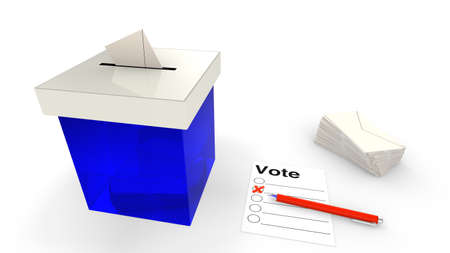 Blue ballot box with envelope, ballot paper and penの写真素材