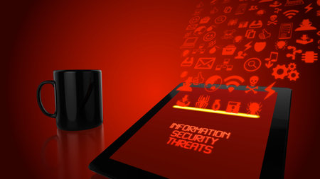 Information security threats tablet concept in red with icons flowing in and a black coffee mug