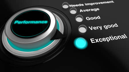 Rotary knob with the word performance in blue turned to expert with a glowing LED switched onの写真素材