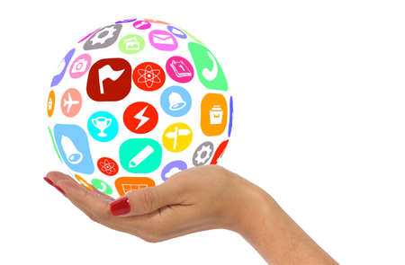 Woman hand holding sphere with colored app iconsの写真素材