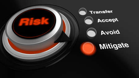 Rotary knob with the word risk in red turned to mitigate with a glowing LED switched onの写真素材