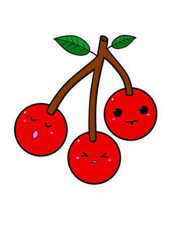 Three cute  cherries hanging from a branch with different facesのイラスト素材