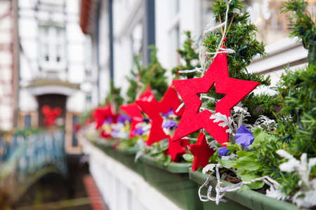 Red stars in a row outside decorationの写真素材