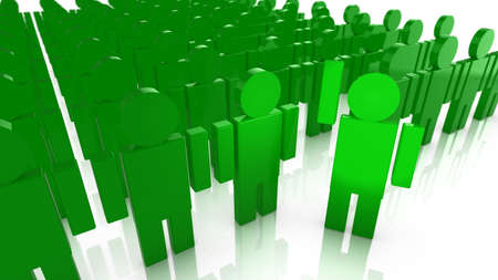 Large group of green puppets with one stepping forward raising his handの写真素材