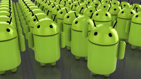 Shanghai,China - 02 15 2016: Huge amount of green android figures with one standing out waving as a market leader concept illustrationのeditorial素材