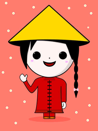 Cute Chinese girl with red dress and yellow hat illustrationのイラスト素材
