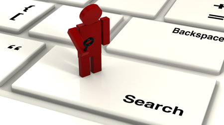 Small tiny red guy with a magnifier glass standing on the key search on a keyboard
