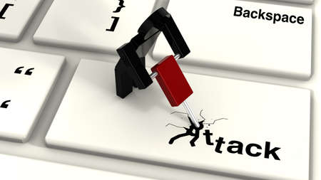 Little black hacker with a jack hammer destroys the attack key of a computer keyboard 3d renderの写真素材