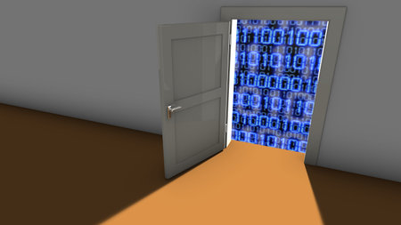 Open door in a wall leading to a digital backgroundの写真素材