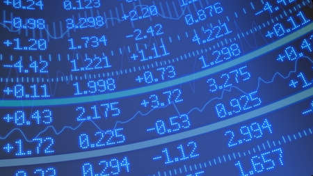 Stock market ticker background in blue with various numbers and graphsの写真素材