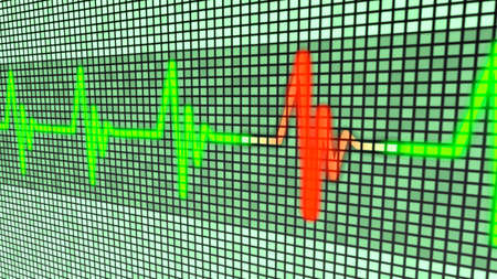 Pulse line on a glowing wall in green with one pulse in redの写真素材