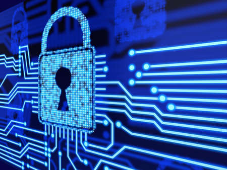 Lock connected on a circuit board 3d render security conceptの写真素材