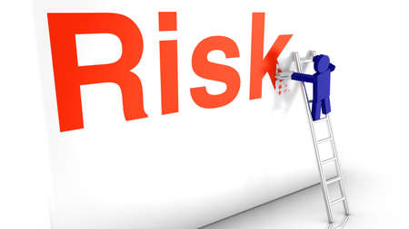A worker on a ladder erases the red word risk from a wall by painting it over 3d concept illustrationの写真素材