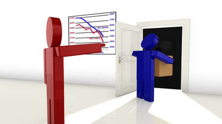 Boss in red fires a worker in blue 3D render illustration and shows him the doorの写真素材