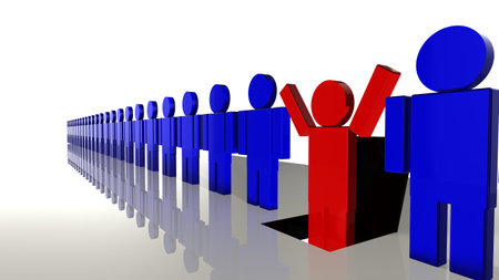 Line of blue workers with one falling into a trap door 3d render concept illustrationの写真素材