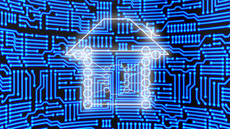 Home icon made from circuits in front of a huge blue glowing circuit board 3d concept illustrationの写真素材
