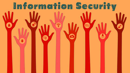 Information security threats concept illustration with red hand and threat iconsのイラスト素材