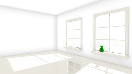 Two bright windows to an empty room with a green vaseの写真素材