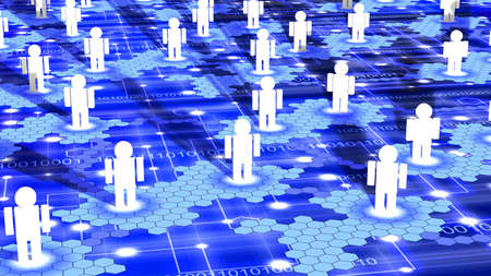Hexagon social network on blue with white nodes and hexagon shaped islands with data centersの写真素材