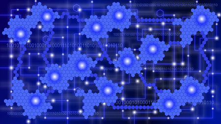 Hexagon data network on blue with white nodes and hexagon shaped islands with data centers