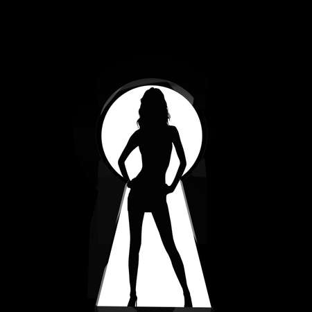 View through a keyhole revealing the silhouette of a beautiful womanの写真素材